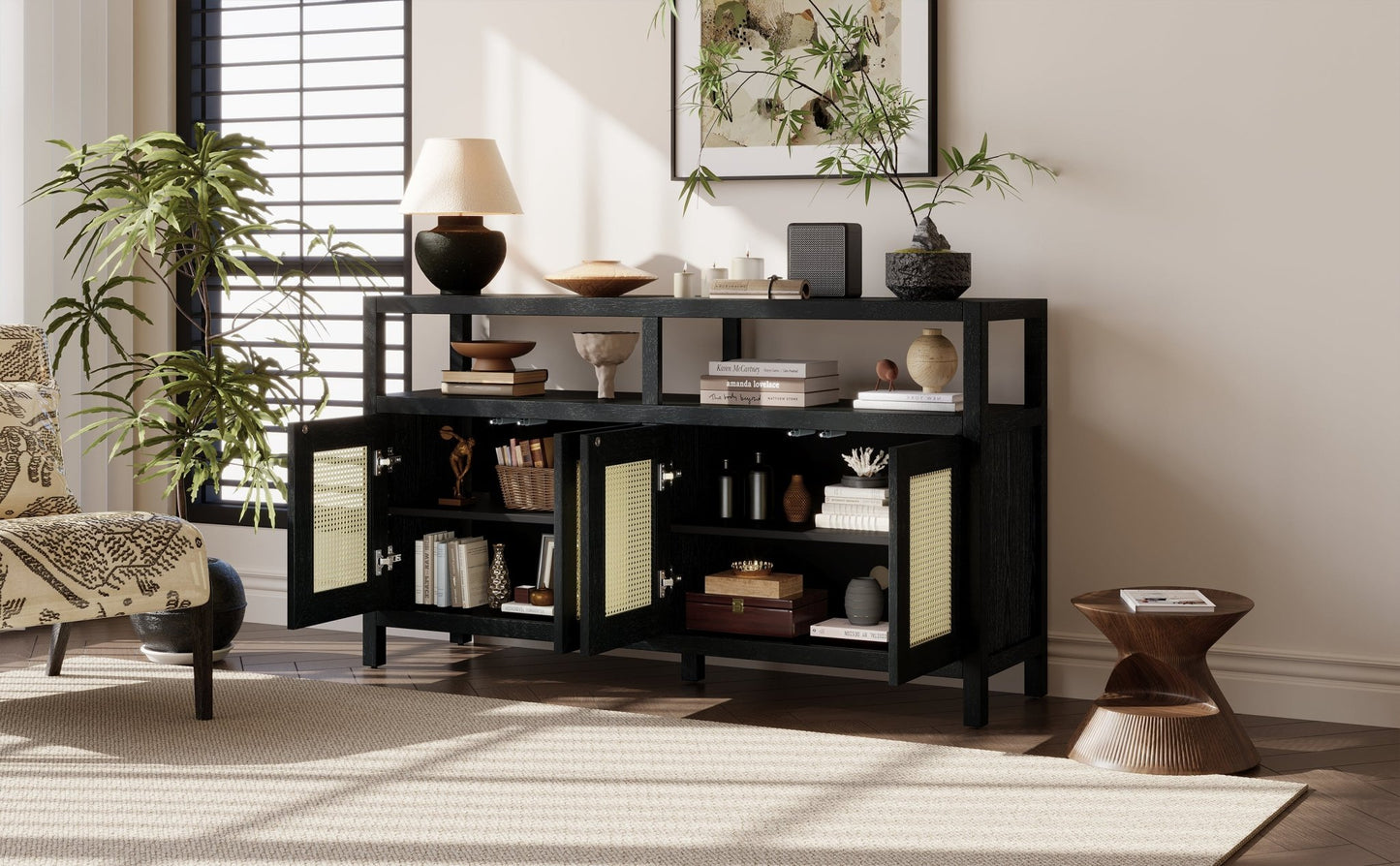 TREXM Bohemian Style Rattan Buffet Storage Cabinet with Solid Wood Frame, Sideboard with 3 - position Adjustable Shelves for Living & Dining Rooms, No - Handle Push - to - Open Design (Black) - 1st Choice Furniture Direct