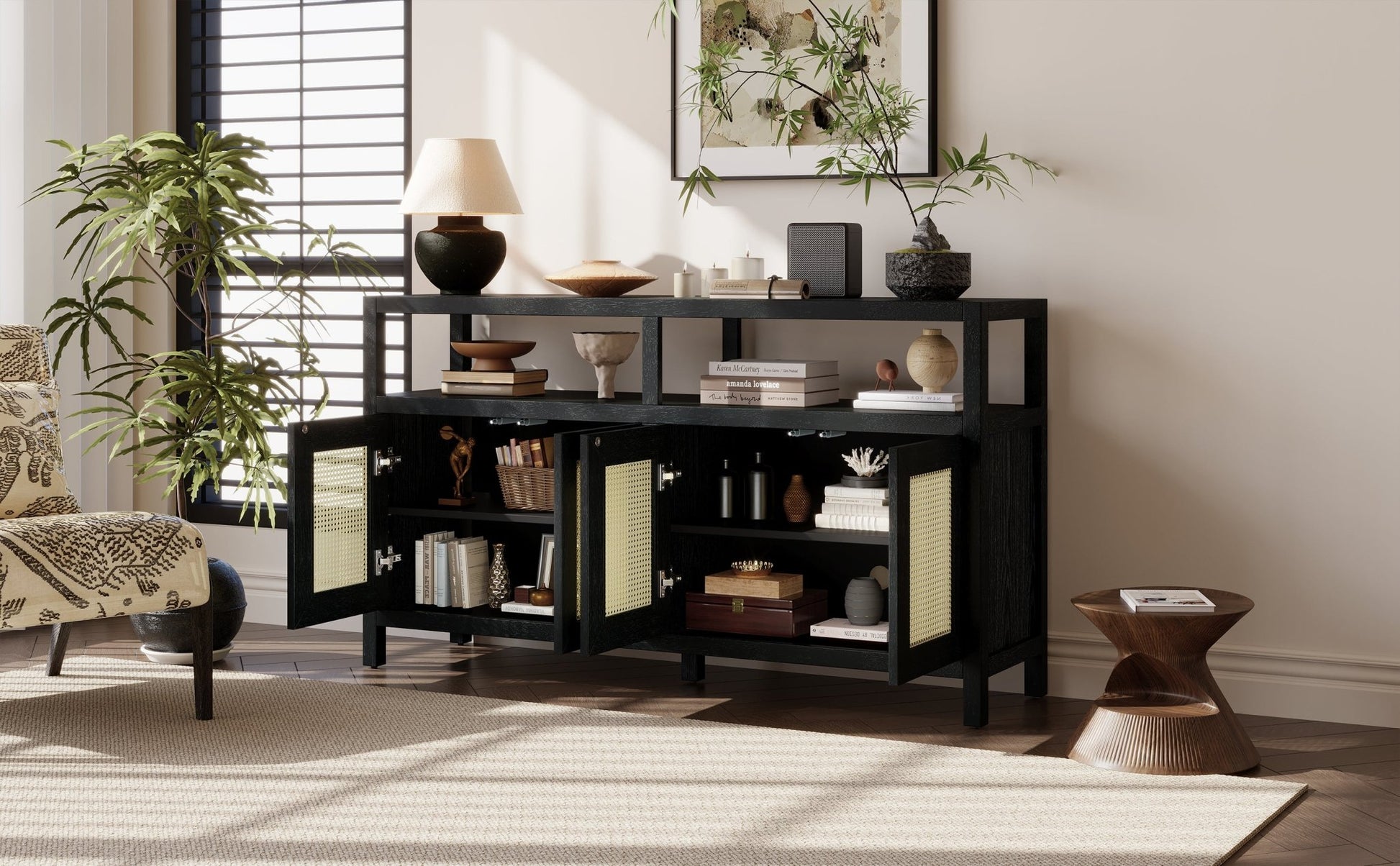 TREXM Bohemian Style Rattan Buffet Storage Cabinet with Solid Wood Frame, Sideboard with 3 - position Adjustable Shelves for Living & Dining Rooms, No - Handle Push - to - Open Design (Black) - 1st Choice Furniture Direct