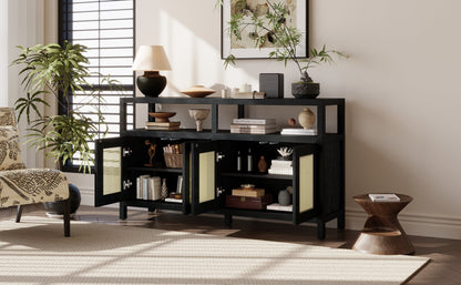 TREXM Bohemian Style Rattan Buffet Storage Cabinet with Solid Wood Frame, Sideboard with 3 - position Adjustable Shelves for Living & Dining Rooms, No - Handle Push - to - Open Design (Black) - 1st Choice Furniture Direct