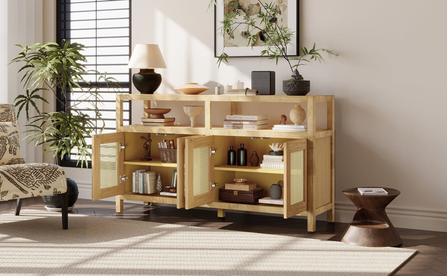 TREXM Bohemian Style Rattan Buffet Storage Cabinet with Solid Wood Frame, Sideboard with 3 - position Adjustable Shelves for Living & Dining Rooms, No - Handle Push - to - Open Design (Natural) - 1st Choice Furniture Direct