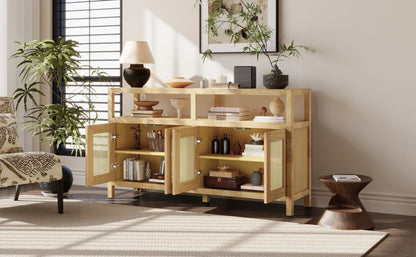TREXM Bohemian Style Rattan Buffet Storage Cabinet with Solid Wood Frame, Sideboard with 3 - position Adjustable Shelves for Living & Dining Rooms, No - Handle Push - to - Open Design (Natural) - 1st Choice Furniture Direct