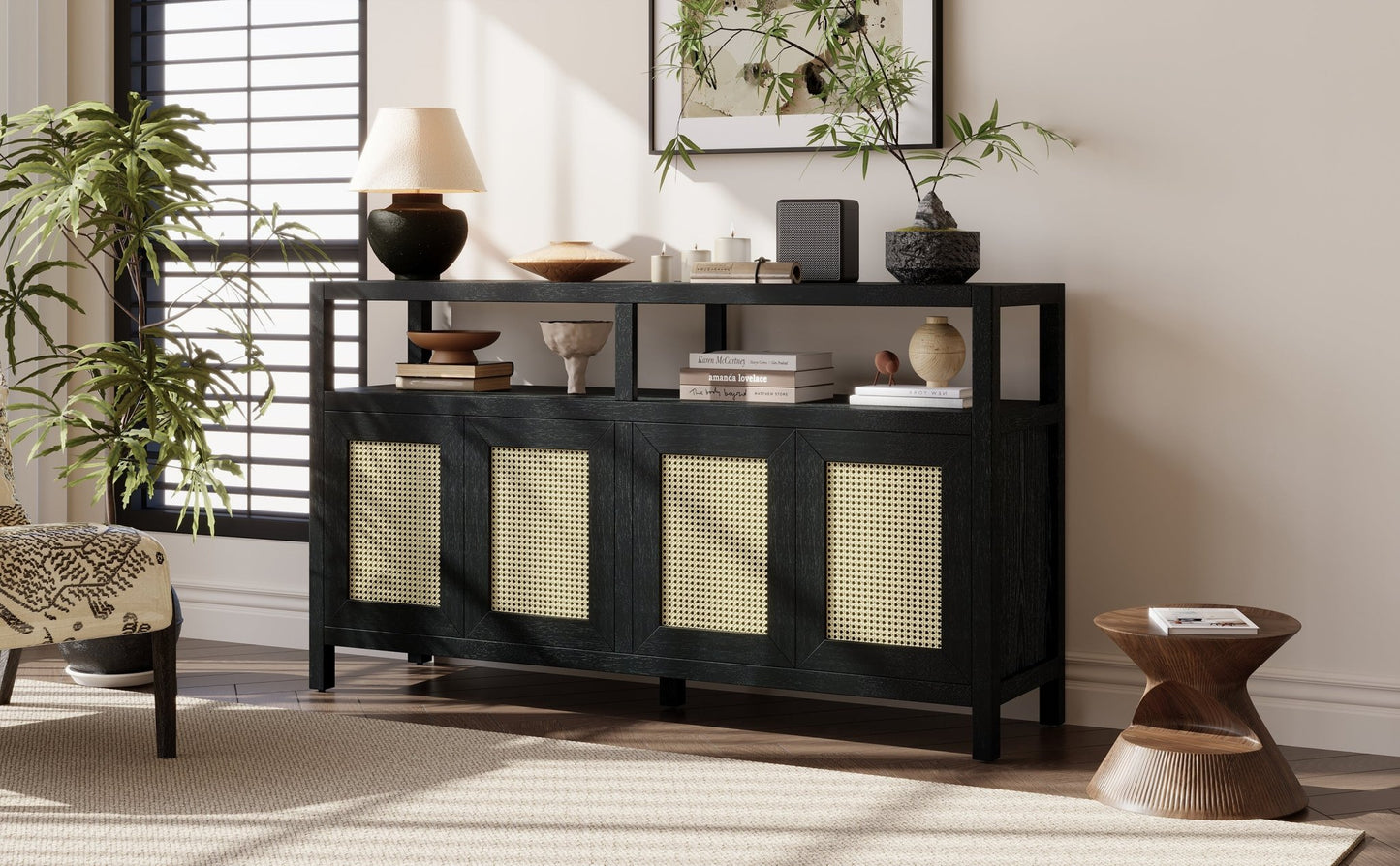 TREXM Bohemian Style Rattan Buffet Storage Cabinet with Solid Wood Frame, Sideboard with 3 - position Adjustable Shelves for Living & Dining Rooms, No - Handle Push - to - Open Design (Black) - 1st Choice Furniture Direct