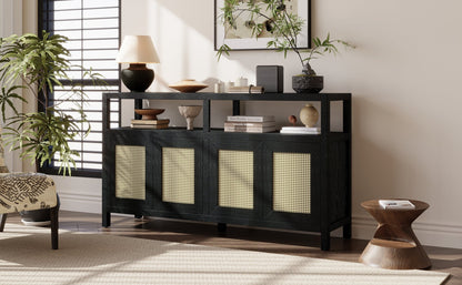 TREXM Bohemian Style Rattan Buffet Storage Cabinet with Solid Wood Frame, Sideboard with 3 - position Adjustable Shelves for Living & Dining Rooms, No - Handle Push - to - Open Design (Black) - 1st Choice Furniture Direct