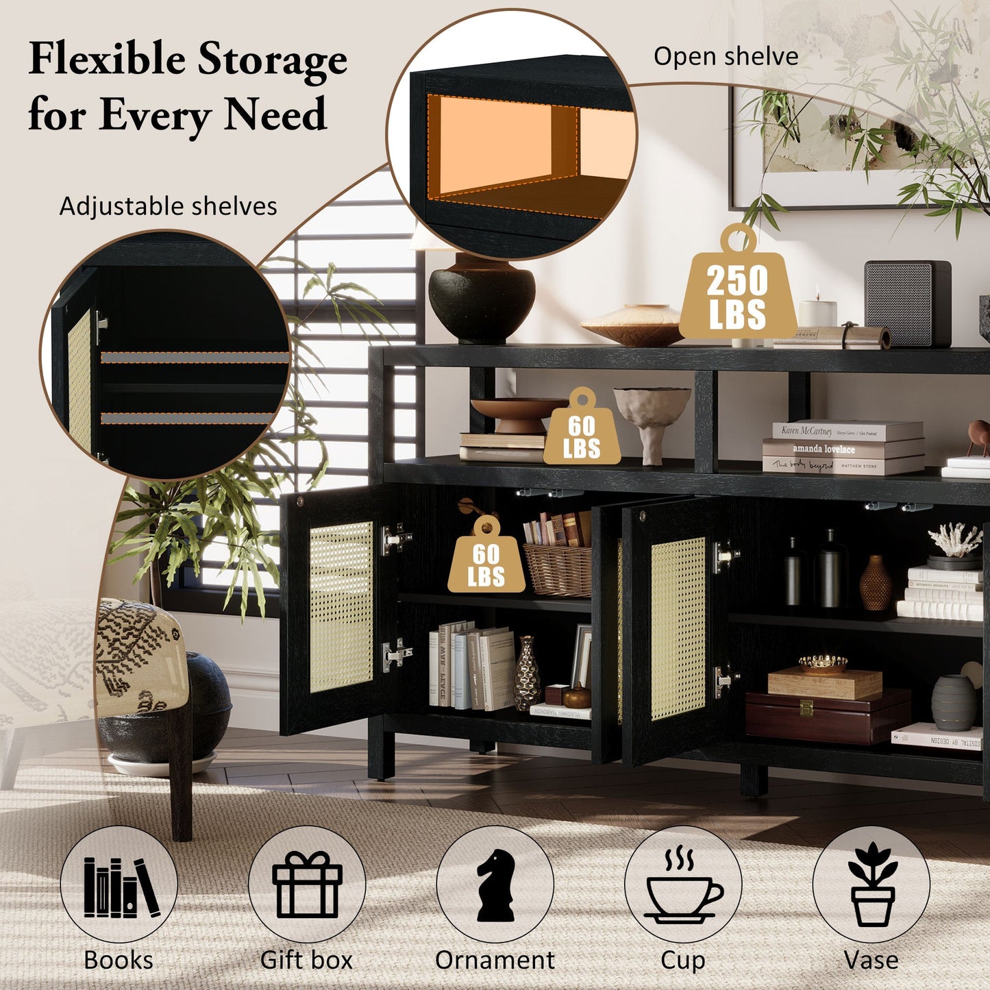 TREXM Bohemian Style Rattan Buffet Storage Cabinet with Solid Wood Frame, Sideboard with 3 - position Adjustable Shelves for Living & Dining Rooms, No - Handle Push - to - Open Design (Black) - 1st Choice Furniture Direct