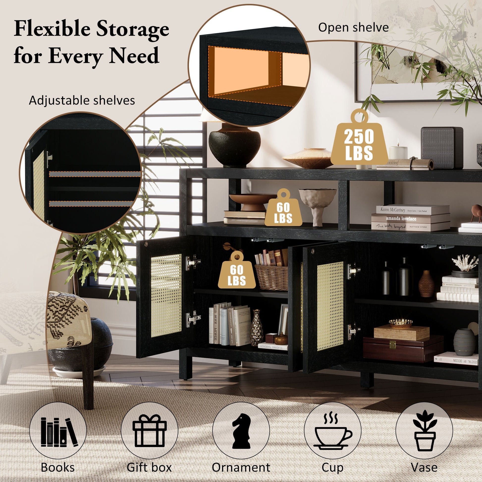 TREXM Bohemian Style Rattan Buffet Storage Cabinet with Solid Wood Frame, Sideboard with 3 - position Adjustable Shelves for Living & Dining Rooms, No - Handle Push - to - Open Design (Black) - 1st Choice Furniture Direct