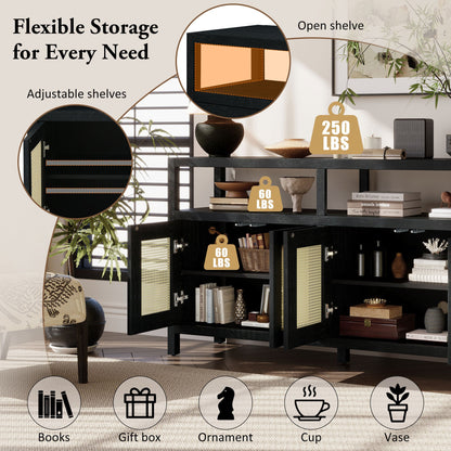TREXM Bohemian Style Rattan Buffet Storage Cabinet with Solid Wood Frame, Sideboard with 3 - position Adjustable Shelves for Living & Dining Rooms, No - Handle Push - to - Open Design (Black) - 1st Choice Furniture Direct