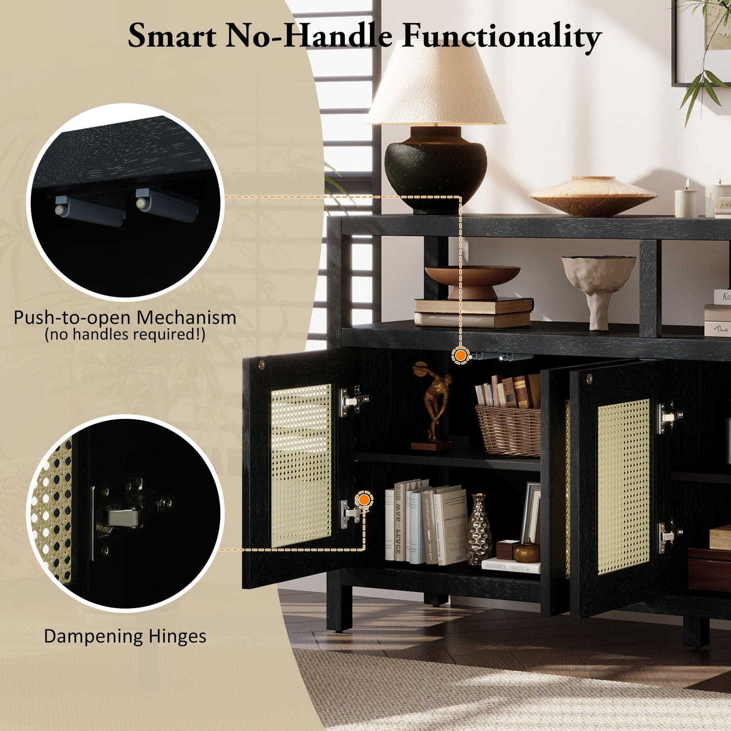 TREXM Bohemian Style Rattan Buffet Storage Cabinet with Solid Wood Frame, Sideboard with 3 - position Adjustable Shelves for Living & Dining Rooms, No - Handle Push - to - Open Design (Black) - 1st Choice Furniture Direct