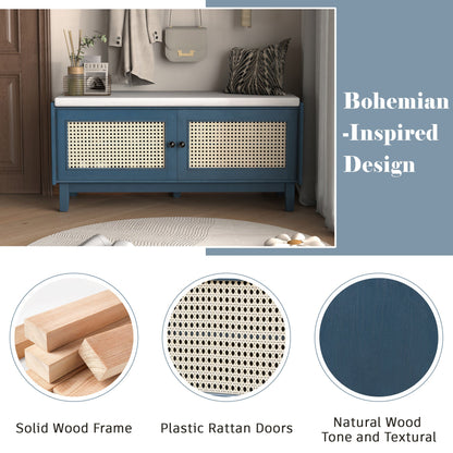 TREXM Boho Rattan Entryway Bench with Storage, Cushioned Shoe Bench with Double Doors, Wooden Shoe Organizer Bench for Entryway and Hallway (Antique Navy+Beige ) - 1st Choice Furniture Direct