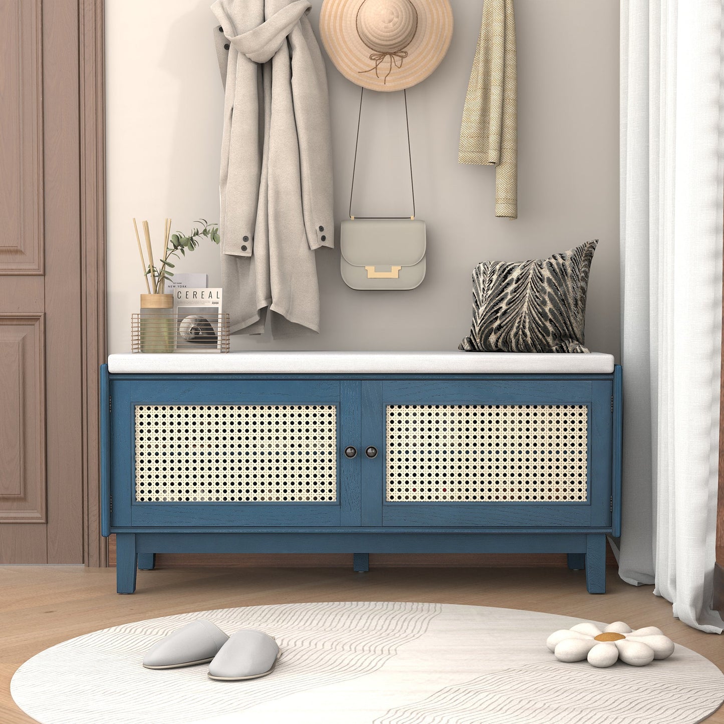 TREXM Boho Rattan Entryway Bench with Storage, Cushioned Shoe Bench with Double Doors, Wooden Shoe Organizer Bench for Entryway and Hallway (Antique Navy+Beige ) - 1st Choice Furniture Direct