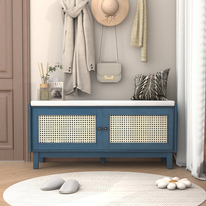 TREXM Boho Rattan Entryway Bench with Storage, Cushioned Shoe Bench with Double Doors, Wooden Shoe Organizer Bench for Entryway and Hallway (Antique Navy+Beige ) - 1st Choice Furniture Direct