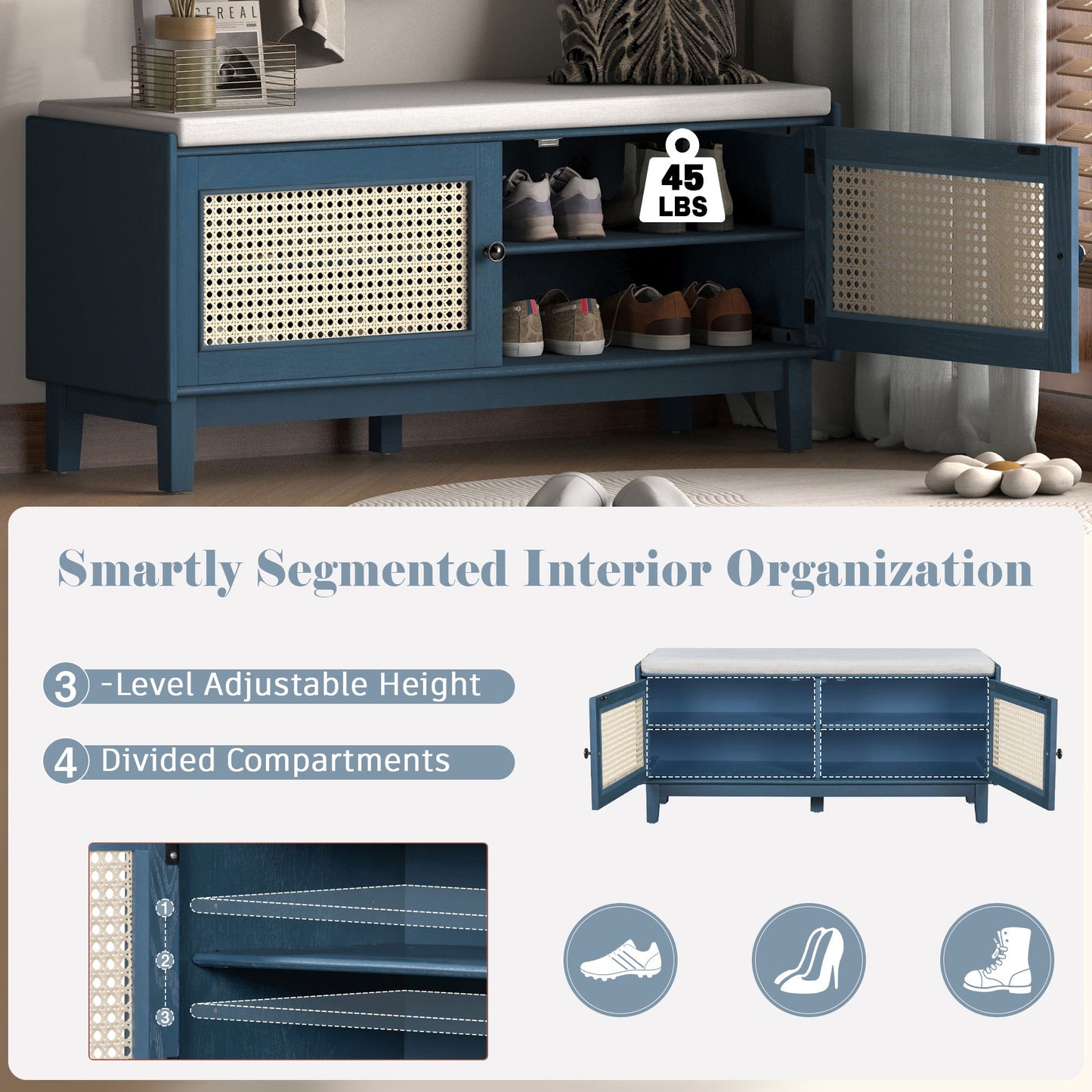 TREXM Boho Rattan Entryway Bench with Storage, Cushioned Shoe Bench with Double Doors, Wooden Shoe Organizer Bench for Entryway and Hallway (Antique Navy+Beige ) - 1st Choice Furniture Direct