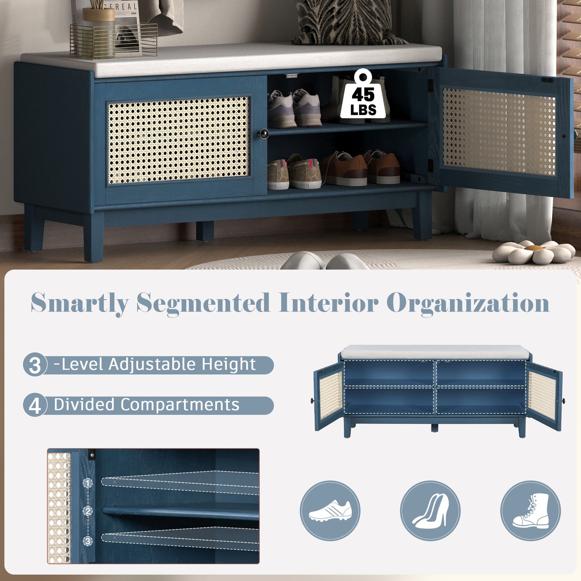 TREXM Boho Rattan Entryway Bench with Storage, Cushioned Shoe Bench with Double Doors, Wooden Shoe Organizer Bench for Entryway and Hallway (Antique Navy+Beige ) - 1st Choice Furniture Direct