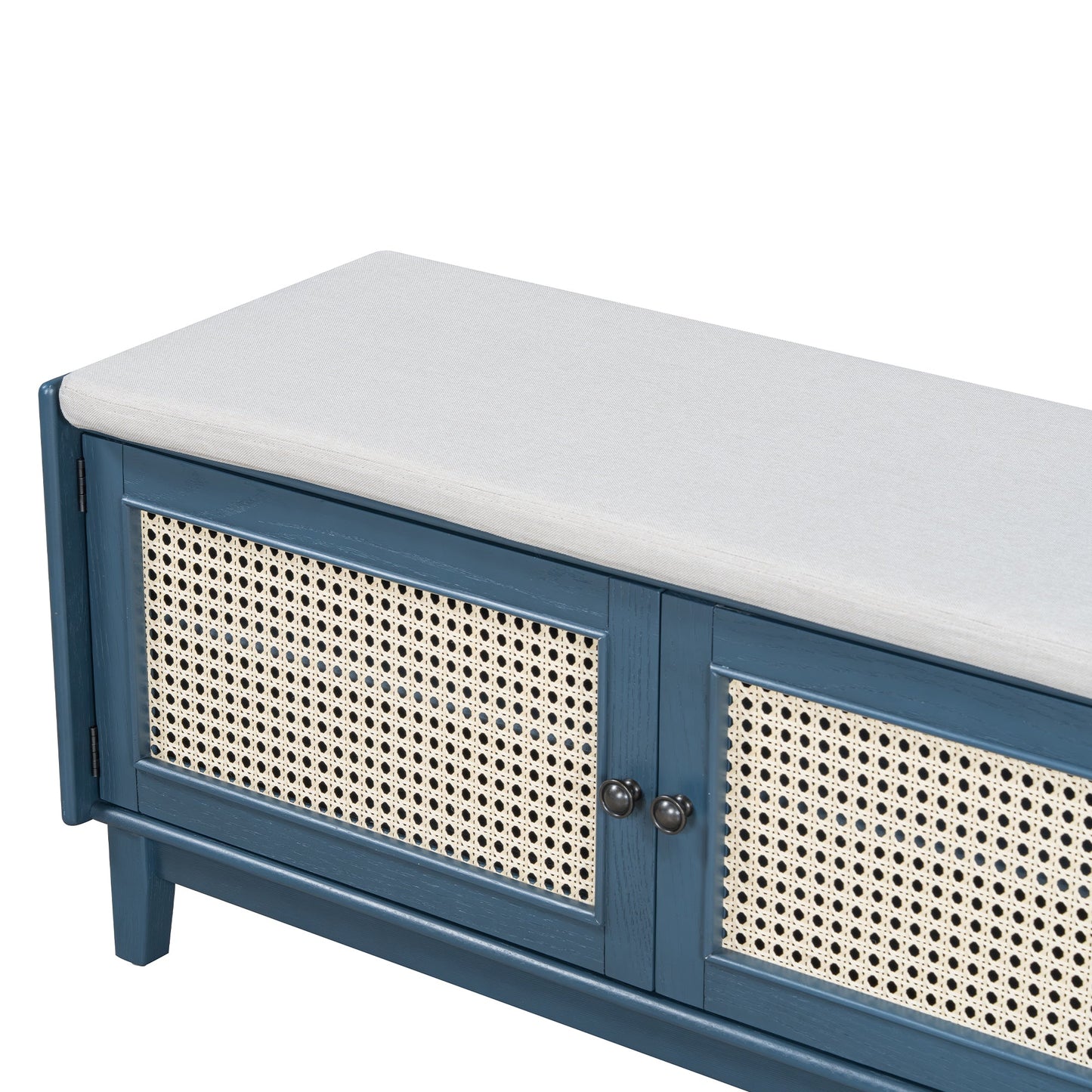 TREXM Boho Rattan Entryway Bench with Storage, Cushioned Shoe Bench with Double Doors, Wooden Shoe Organizer Bench for Entryway and Hallway (Antique Navy+Beige ) - 1st Choice Furniture Direct