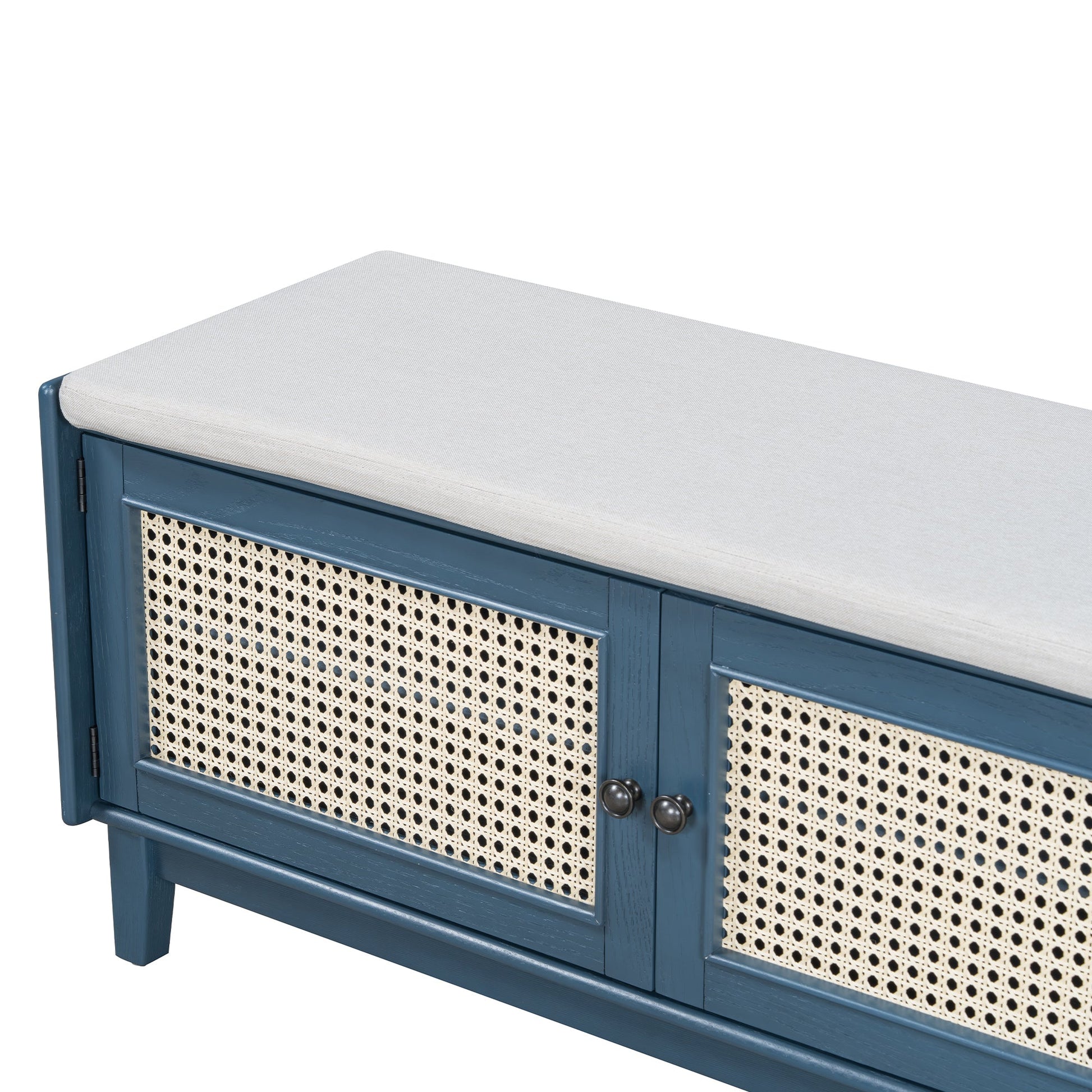 TREXM Boho Rattan Entryway Bench with Storage, Cushioned Shoe Bench with Double Doors, Wooden Shoe Organizer Bench for Entryway and Hallway (Antique Navy+Beige ) - 1st Choice Furniture Direct