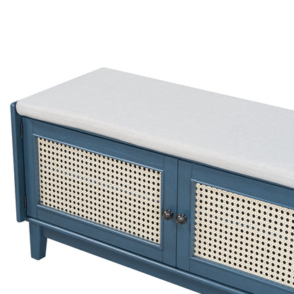 TREXM Boho Rattan Entryway Bench with Storage, Cushioned Shoe Bench with Double Doors, Wooden Shoe Organizer Bench for Entryway and Hallway (Antique Navy+Beige ) - 1st Choice Furniture Direct
