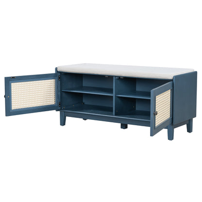 TREXM Boho Rattan Entryway Bench with Storage, Cushioned Shoe Bench with Double Doors, Wooden Shoe Organizer Bench for Entryway and Hallway (Antique Navy+Beige ) - 1st Choice Furniture Direct