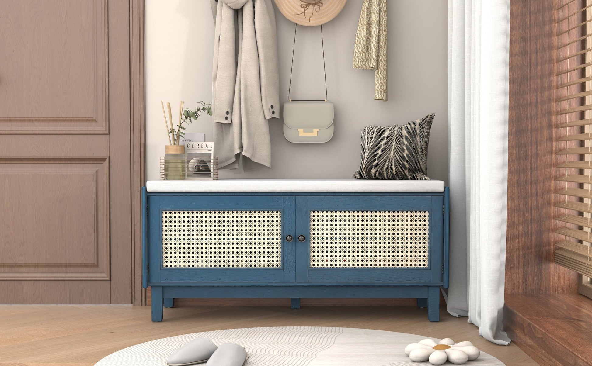 TREXM Boho Rattan Entryway Bench with Storage, Cushioned Shoe Bench with Double Doors, Wooden Shoe Organizer Bench for Entryway and Hallway (Antique Navy+Beige ) - 1st Choice Furniture Direct