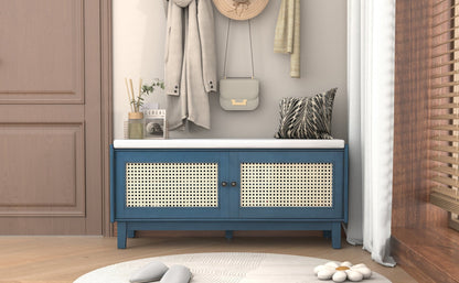 TREXM Boho Rattan Entryway Bench with Storage, Cushioned Shoe Bench with Double Doors, Wooden Shoe Organizer Bench for Entryway and Hallway (Antique Navy+Beige ) - 1st Choice Furniture Direct