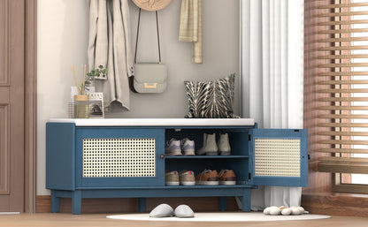 TREXM Boho Rattan Entryway Bench with Storage, Cushioned Shoe Bench with Double Doors, Wooden Shoe Organizer Bench for Entryway and Hallway (Antique Navy+Beige ) - 1st Choice Furniture Direct