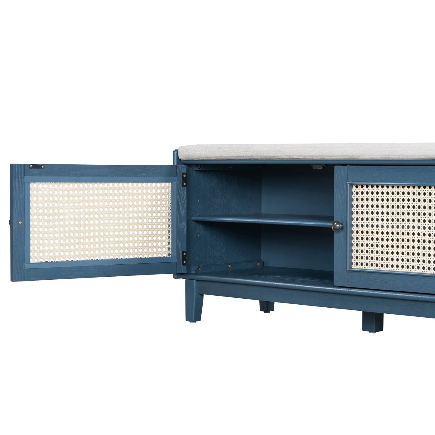 TREXM Boho Rattan Entryway Bench with Storage, Cushioned Shoe Bench with Double Doors, Wooden Shoe Organizer Bench for Entryway and Hallway (Antique Navy+Beige ) - 1st Choice Furniture Direct