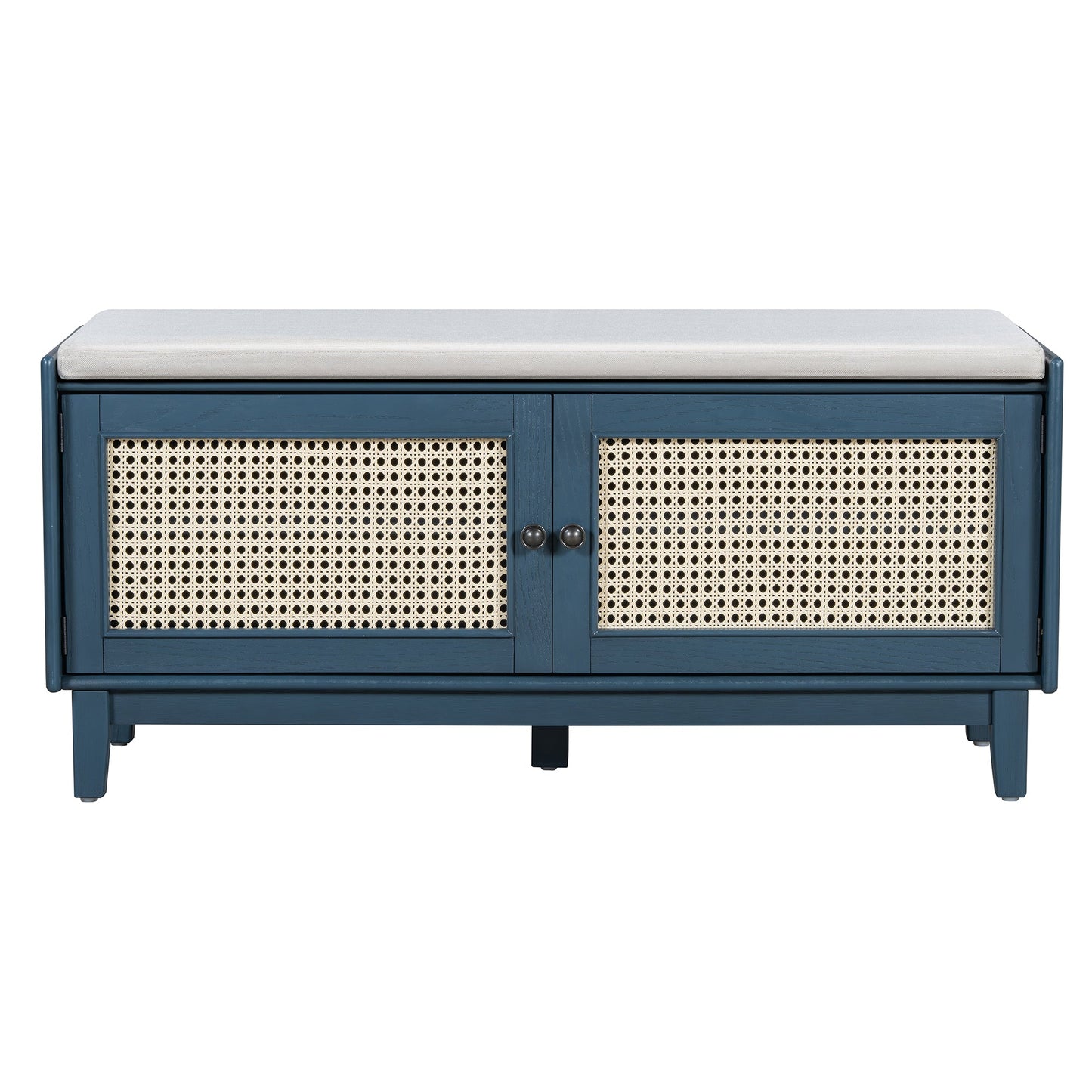 TREXM Boho Rattan Entryway Bench with Storage, Cushioned Shoe Bench with Double Doors, Wooden Shoe Organizer Bench for Entryway and Hallway (Antique Navy+Beige ) - 1st Choice Furniture Direct