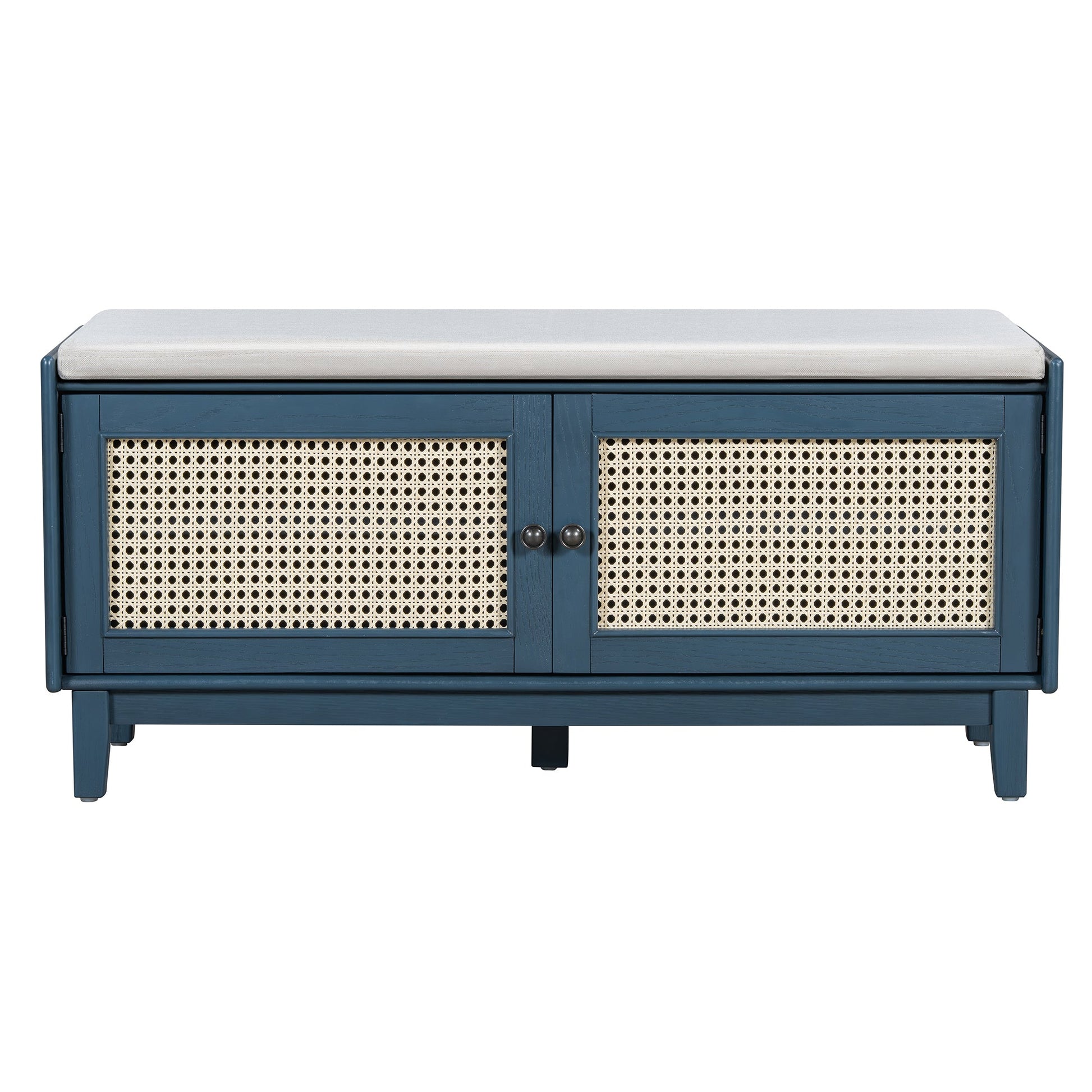 TREXM Boho Rattan Entryway Bench with Storage, Cushioned Shoe Bench with Double Doors, Wooden Shoe Organizer Bench for Entryway and Hallway (Antique Navy+Beige ) - 1st Choice Furniture Direct