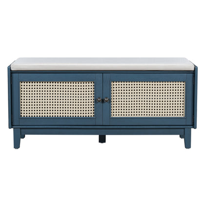 TREXM Boho Rattan Entryway Bench with Storage, Cushioned Shoe Bench with Double Doors, Wooden Shoe Organizer Bench for Entryway and Hallway (Antique Navy+Beige ) - 1st Choice Furniture Direct
