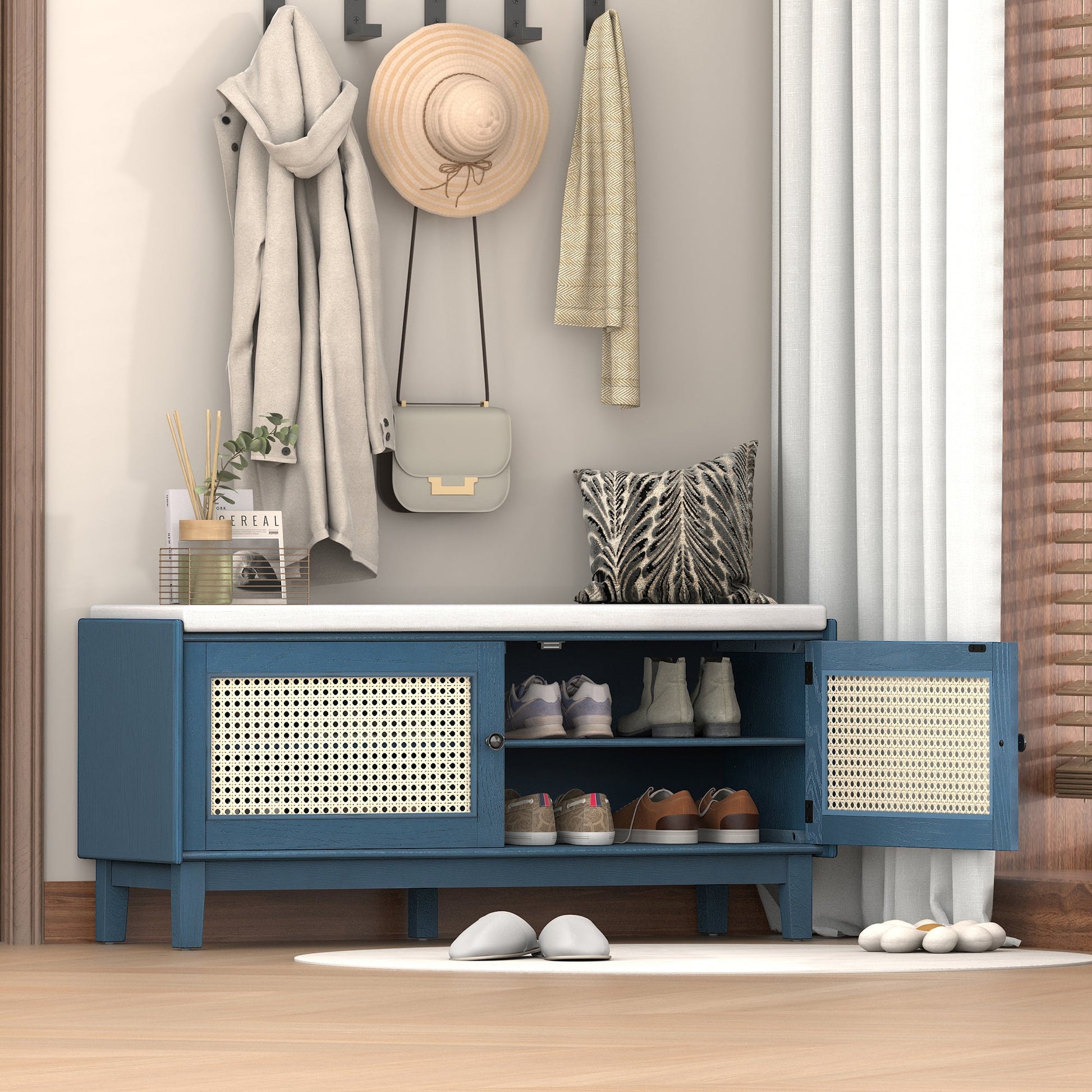 TREXM Boho Rattan Entryway Bench with Storage, Cushioned Shoe Bench with Double Doors, Wooden Shoe Organizer Bench for Entryway and Hallway (Antique Navy+Beige ) - 1st Choice Furniture Direct