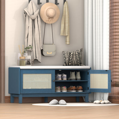 TREXM Boho Rattan Entryway Bench with Storage, Cushioned Shoe Bench with Double Doors, Wooden Shoe Organizer Bench for Entryway and Hallway (Antique Navy+Beige ) - 1st Choice Furniture Direct