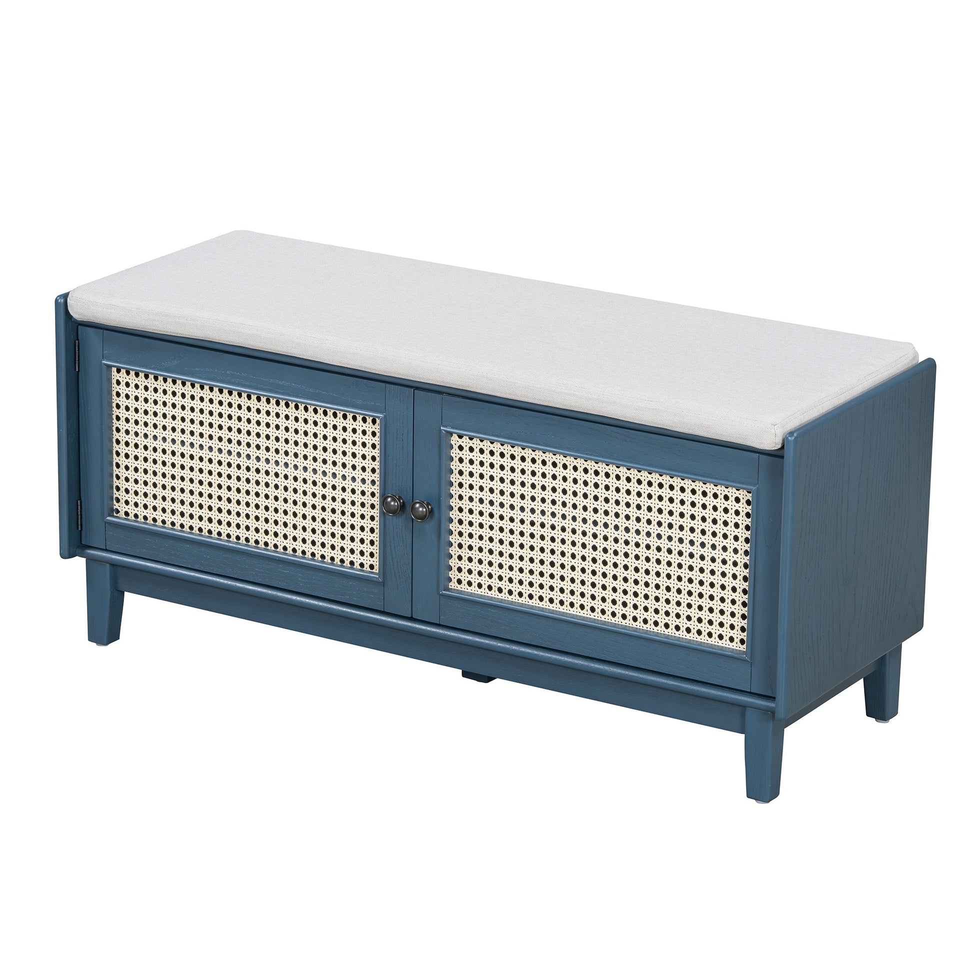 TREXM Boho Rattan Entryway Bench with Storage, Cushioned Shoe Bench with Double Doors, Wooden Shoe Organizer Bench for Entryway and Hallway (Antique Navy+Beige ) - 1st Choice Furniture Direct