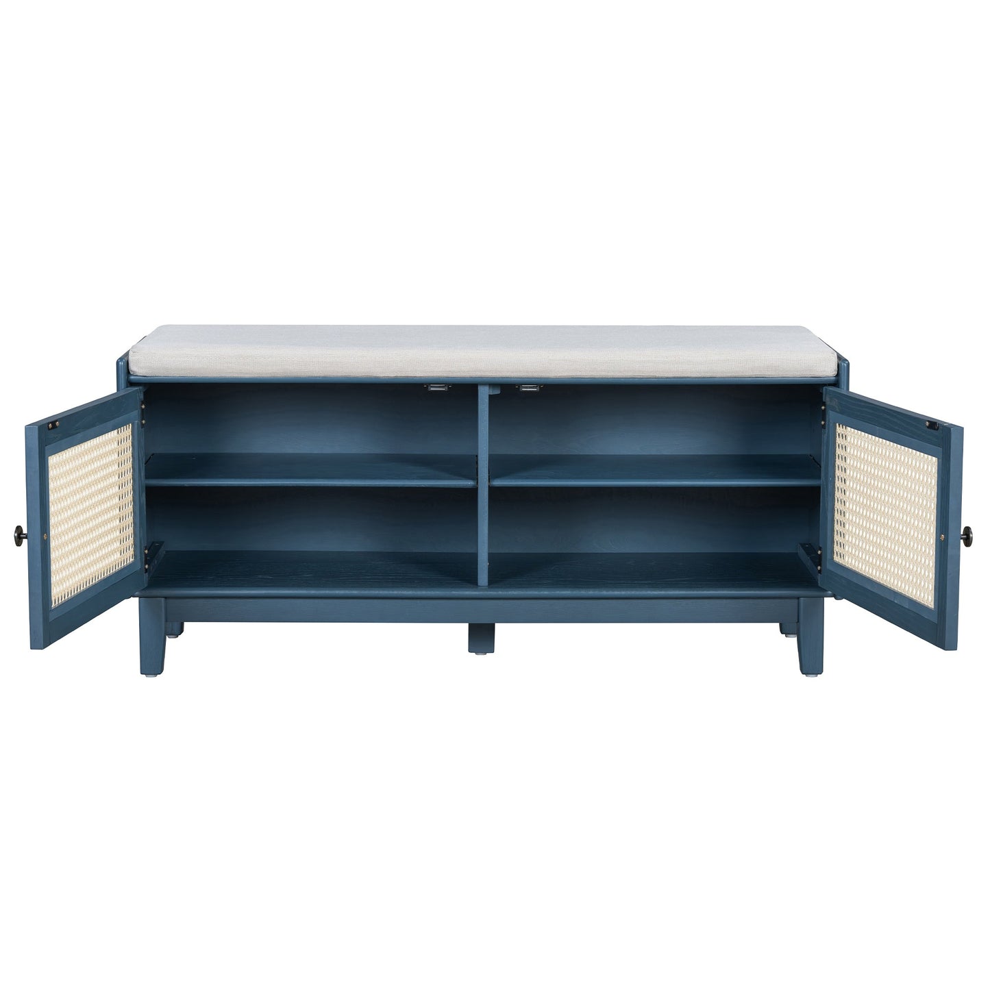 TREXM Boho Rattan Entryway Bench with Storage, Cushioned Shoe Bench with Double Doors, Wooden Shoe Organizer Bench for Entryway and Hallway (Antique Navy+Beige ) - 1st Choice Furniture Direct