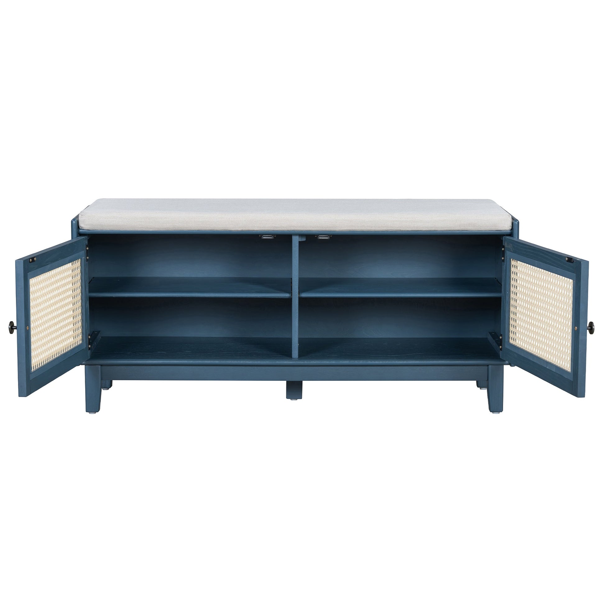 TREXM Boho Rattan Entryway Bench with Storage, Cushioned Shoe Bench with Double Doors, Wooden Shoe Organizer Bench for Entryway and Hallway (Antique Navy+Beige ) - 1st Choice Furniture Direct