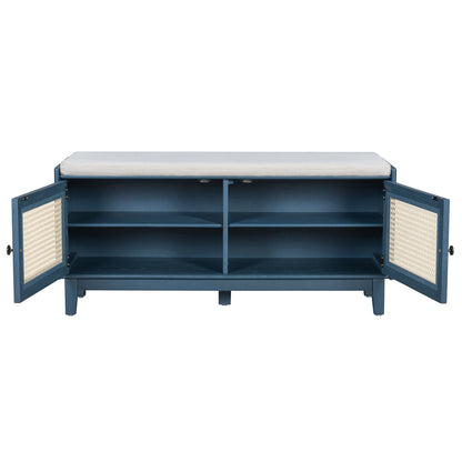 TREXM Boho Rattan Entryway Bench with Storage, Cushioned Shoe Bench with Double Doors, Wooden Shoe Organizer Bench for Entryway and Hallway (Antique Navy+Beige ) - 1st Choice Furniture Direct