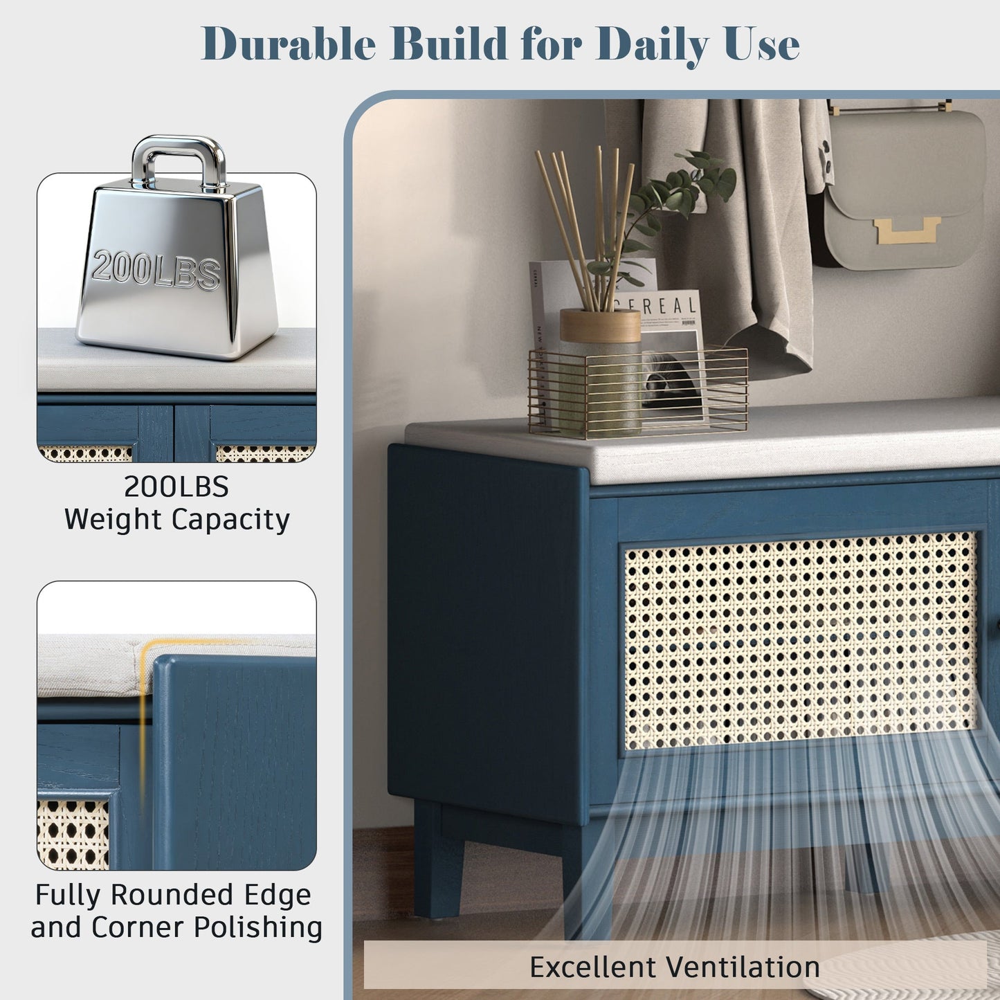 TREXM Boho Rattan Entryway Bench with Storage, Cushioned Shoe Bench with Double Doors, Wooden Shoe Organizer Bench for Entryway and Hallway (Antique Navy+Beige ) - 1st Choice Furniture Direct
