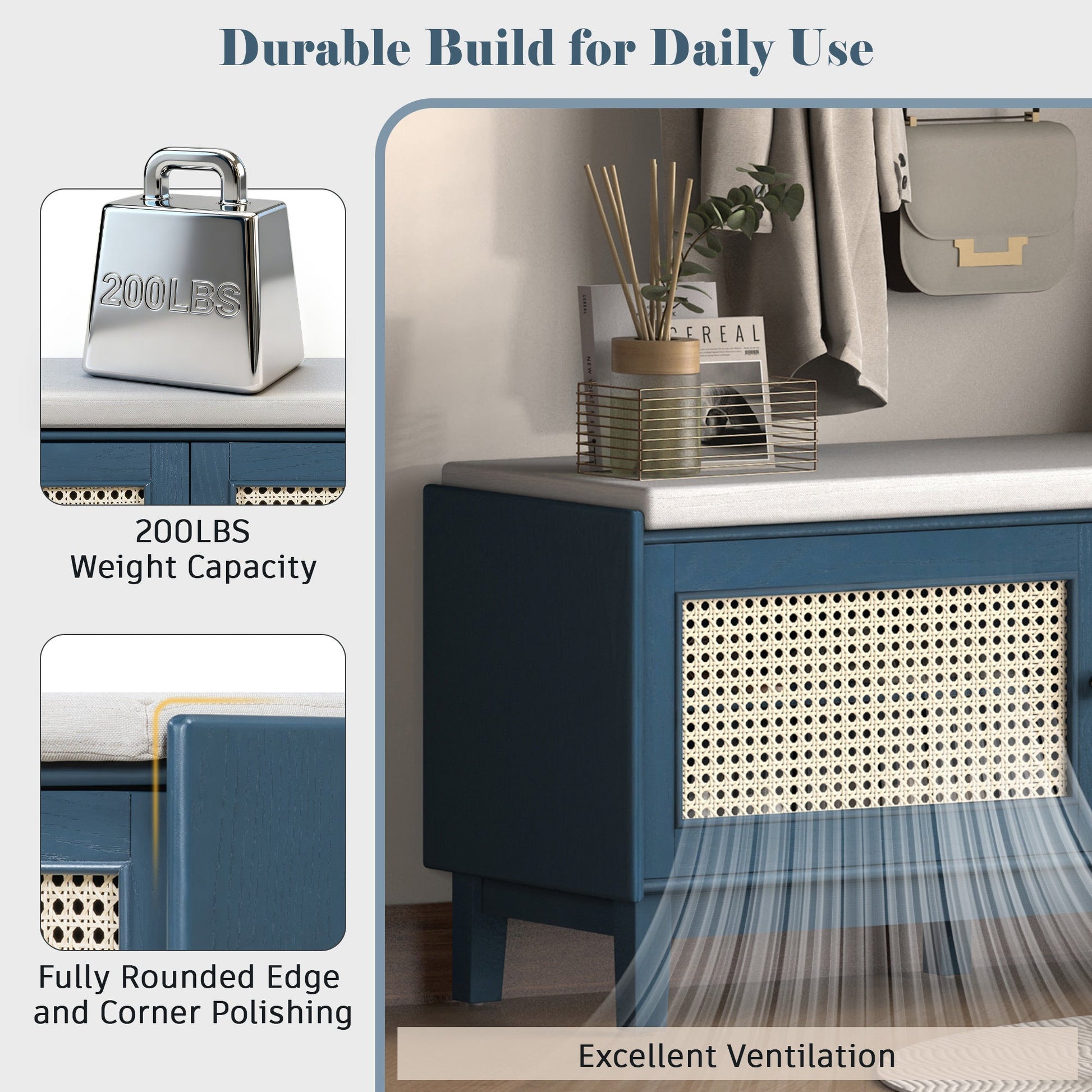 TREXM Boho Rattan Entryway Bench with Storage, Cushioned Shoe Bench with Double Doors, Wooden Shoe Organizer Bench for Entryway and Hallway (Antique Navy+Beige ) - 1st Choice Furniture Direct