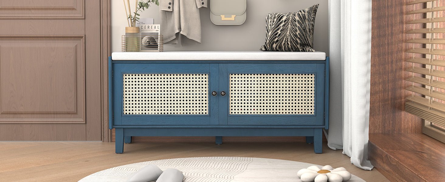 TREXM Boho Rattan Entryway Bench with Storage, Cushioned Shoe Bench with Double Doors, Wooden Shoe Organizer Bench for Entryway and Hallway (Antique Navy+Beige ) - 1st Choice Furniture Direct