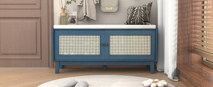 TREXM Boho Rattan Entryway Bench with Storage, Cushioned Shoe Bench with Double Doors, Wooden Shoe Organizer Bench for Entryway and Hallway (Antique Navy+Beige ) - 1st Choice Furniture Direct