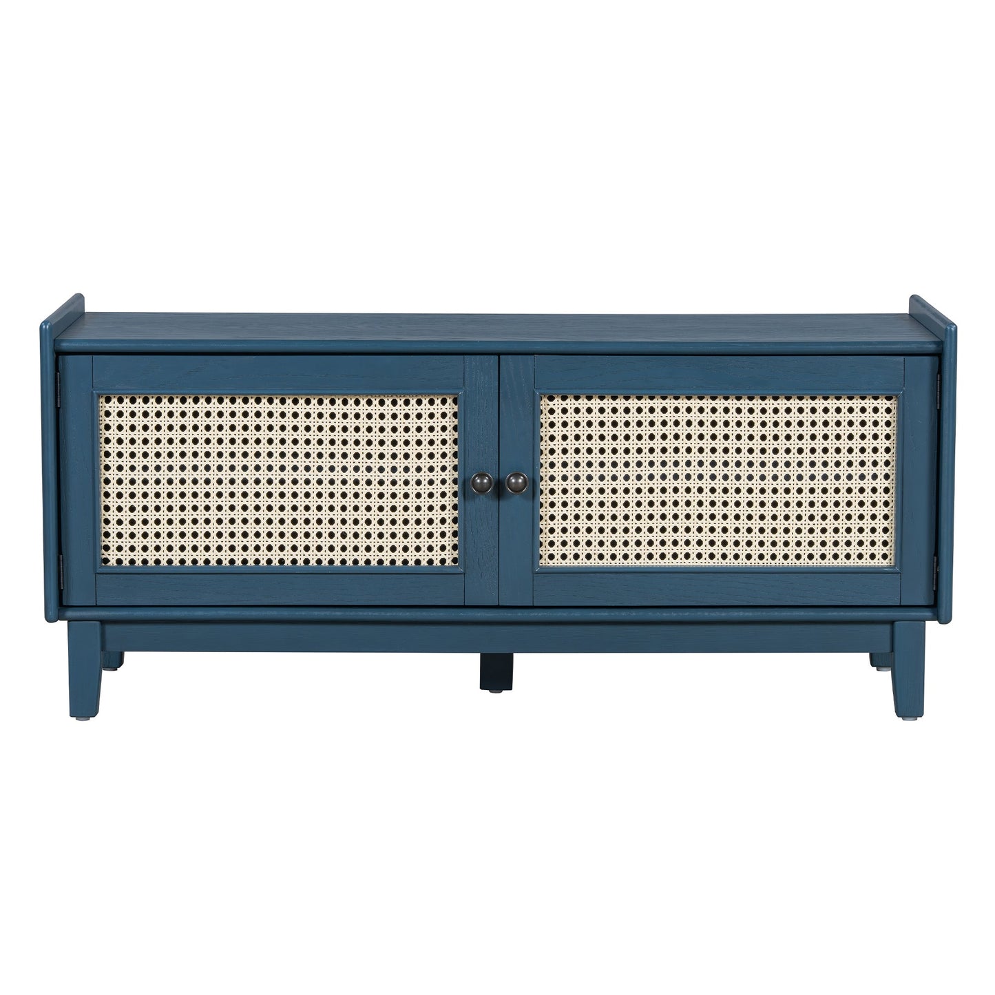 TREXM Boho Rattan Entryway Bench with Storage, Cushioned Shoe Bench with Double Doors, Wooden Shoe Organizer Bench for Entryway and Hallway (Antique Navy+Beige ) - 1st Choice Furniture Direct