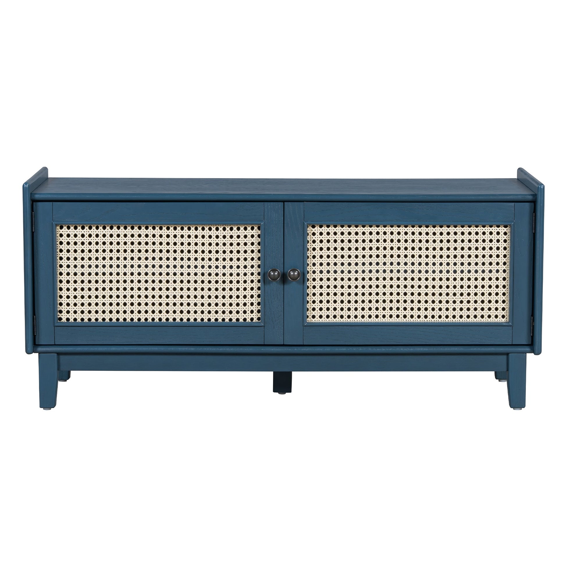 TREXM Boho Rattan Entryway Bench with Storage, Cushioned Shoe Bench with Double Doors, Wooden Shoe Organizer Bench for Entryway and Hallway (Antique Navy+Beige ) - 1st Choice Furniture Direct