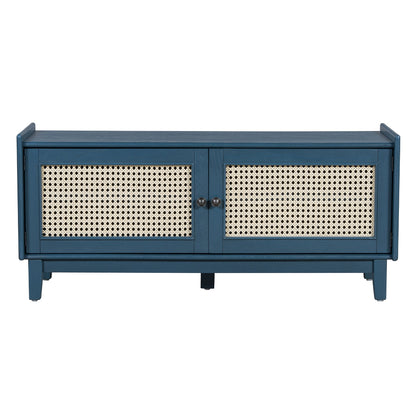 TREXM Boho Rattan Entryway Bench with Storage, Cushioned Shoe Bench with Double Doors, Wooden Shoe Organizer Bench for Entryway and Hallway (Antique Navy+Beige ) - 1st Choice Furniture Direct