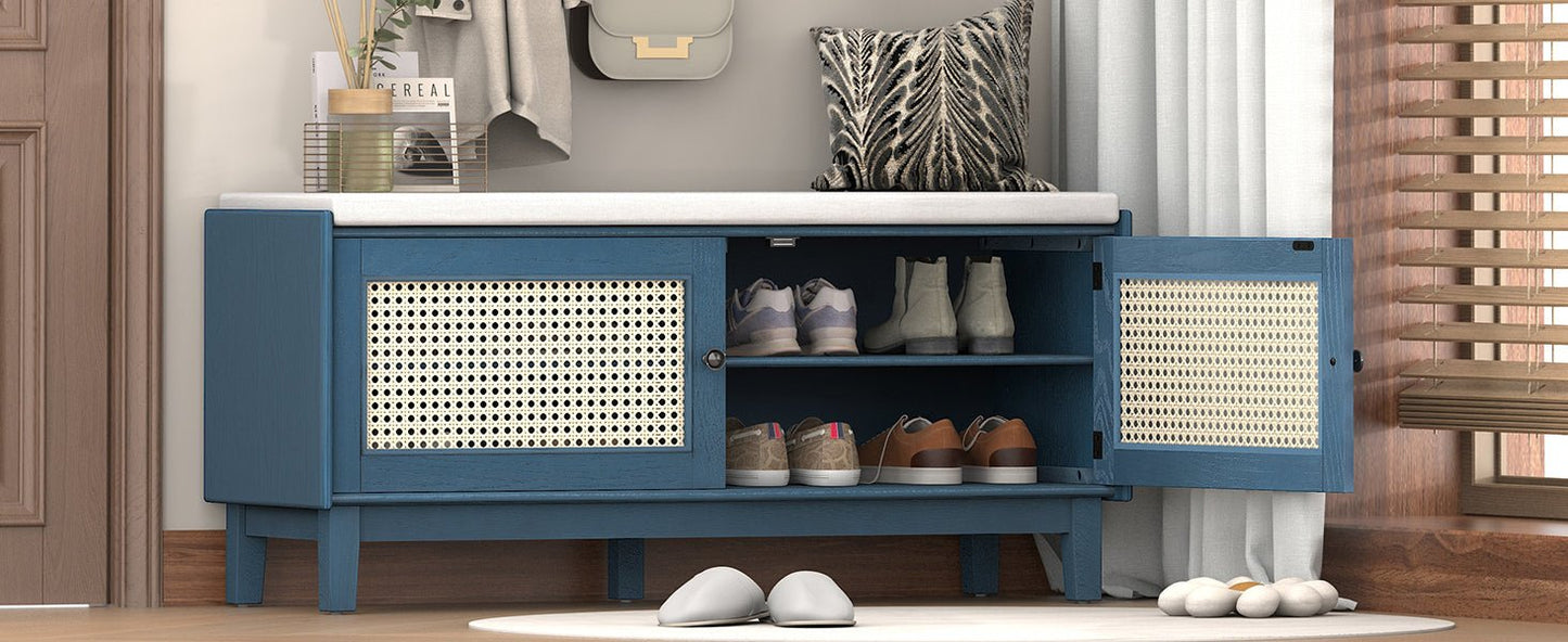TREXM Boho Rattan Entryway Bench with Storage, Cushioned Shoe Bench with Double Doors, Wooden Shoe Organizer Bench for Entryway and Hallway (Antique Navy+Beige ) - 1st Choice Furniture Direct