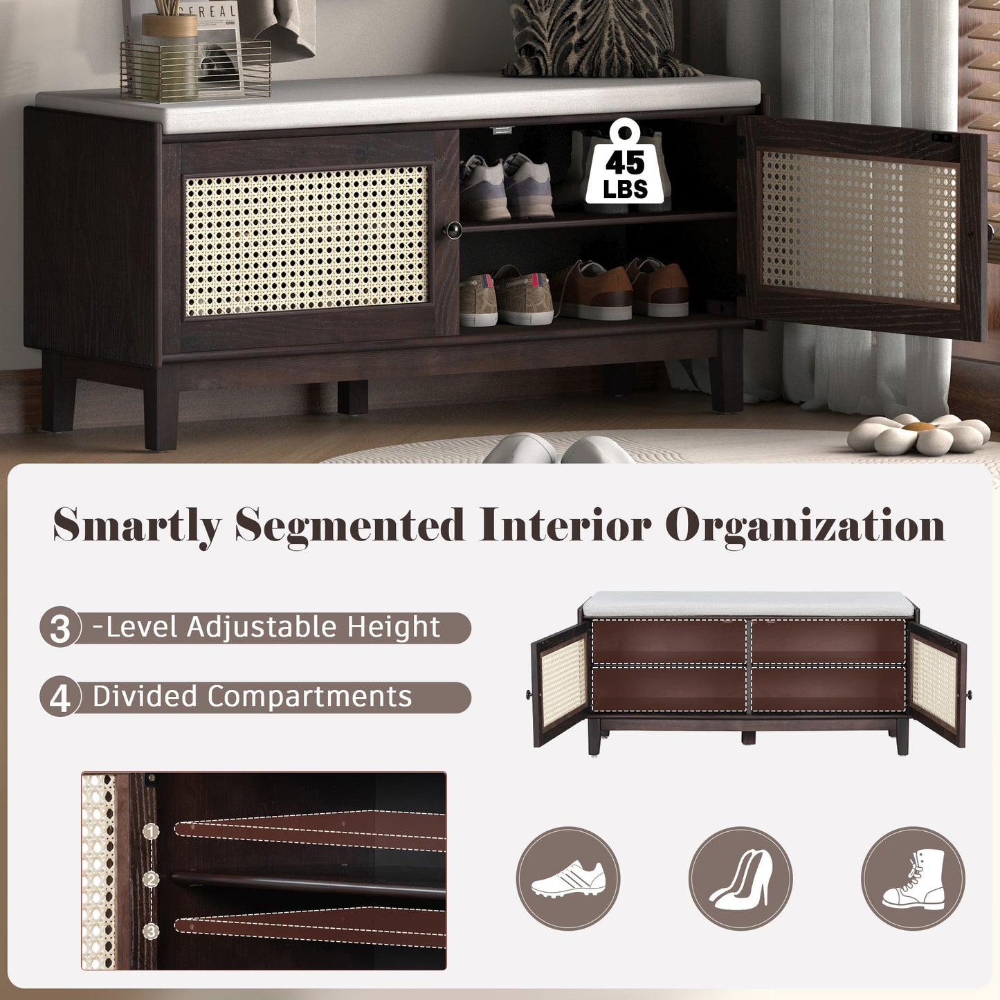 TREXM Boho Rattan Entryway Bench with Storage, Cushioned Shoe Bench with Double Doors, Wooden Shoe Organizer Bench for Entryway and Hallway (Espresso+Beige ) - 1st Choice Furniture Direct