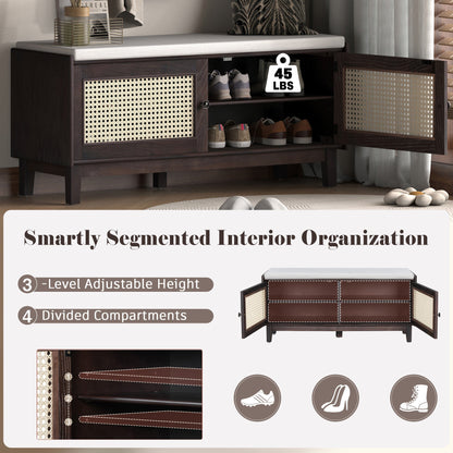 TREXM Boho Rattan Entryway Bench with Storage, Cushioned Shoe Bench with Double Doors, Wooden Shoe Organizer Bench for Entryway and Hallway (Espresso+Beige ) - 1st Choice Furniture Direct
