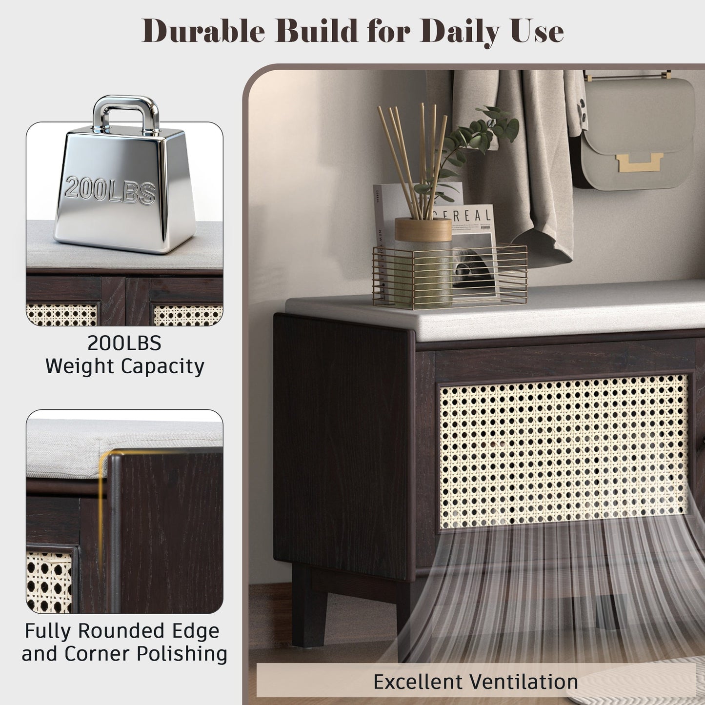 TREXM Boho Rattan Entryway Bench with Storage, Cushioned Shoe Bench with Double Doors, Wooden Shoe Organizer Bench for Entryway and Hallway (Espresso+Beige ) - 1st Choice Furniture Direct