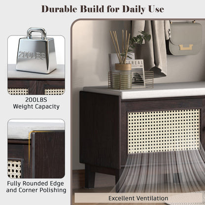 TREXM Boho Rattan Entryway Bench with Storage, Cushioned Shoe Bench with Double Doors, Wooden Shoe Organizer Bench for Entryway and Hallway (Espresso+Beige ) - 1st Choice Furniture Direct