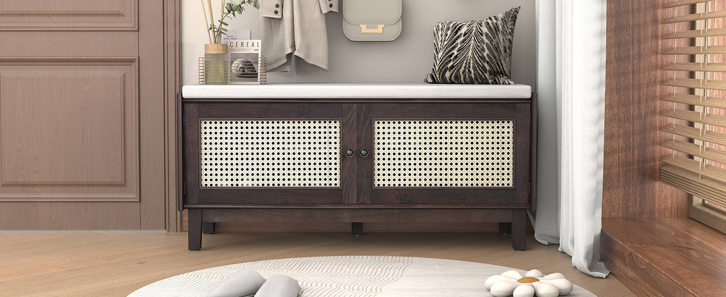 TREXM Boho Rattan Entryway Bench with Storage, Cushioned Shoe Bench with Double Doors, Wooden Shoe Organizer Bench for Entryway and Hallway (Espresso+Beige ) - 1st Choice Furniture Direct