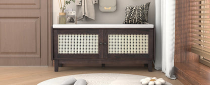 TREXM Boho Rattan Entryway Bench with Storage, Cushioned Shoe Bench with Double Doors, Wooden Shoe Organizer Bench for Entryway and Hallway (Espresso+Beige ) - 1st Choice Furniture Direct
