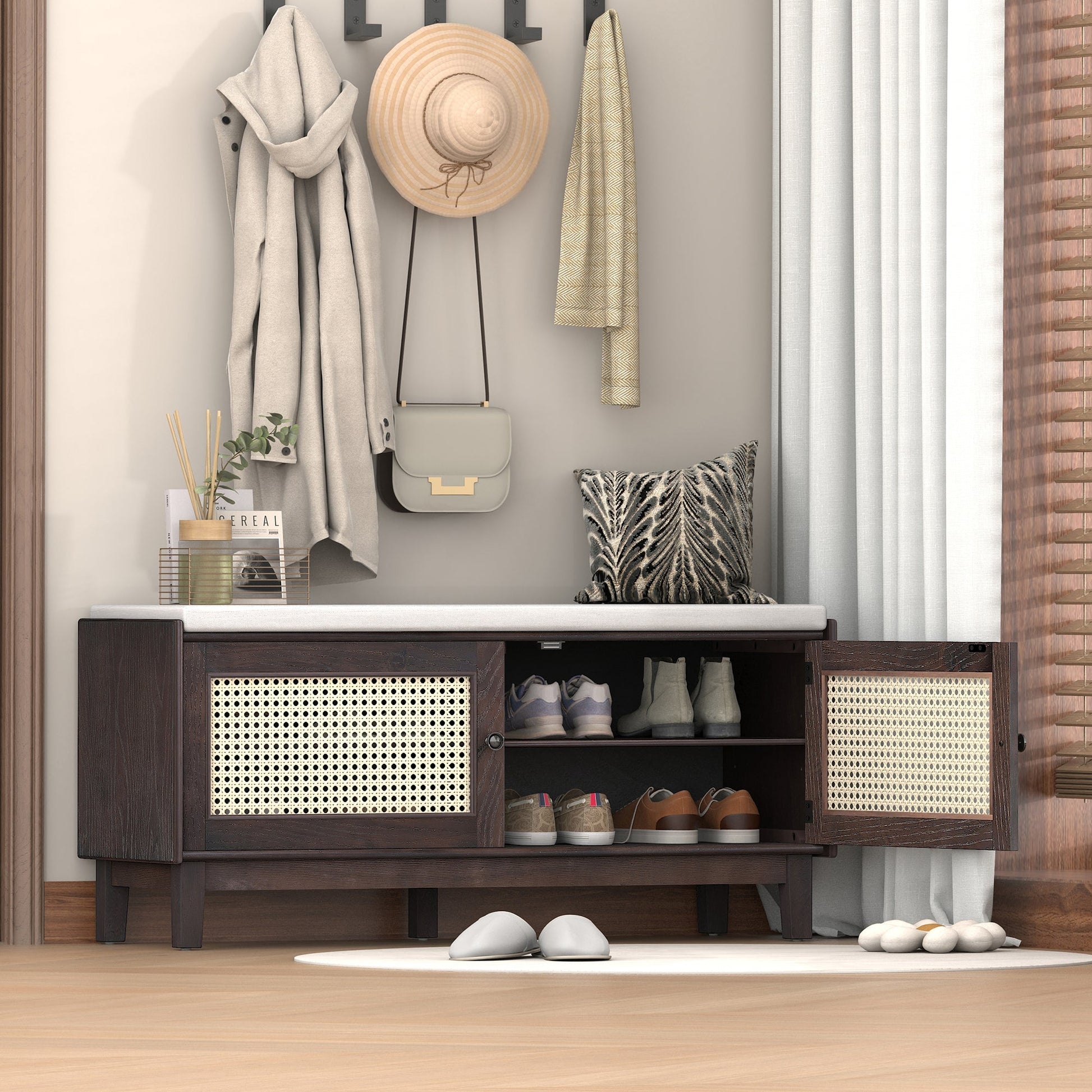 TREXM Boho Rattan Entryway Bench with Storage, Cushioned Shoe Bench with Double Doors, Wooden Shoe Organizer Bench for Entryway and Hallway (Espresso+Beige ) - 1st Choice Furniture Direct