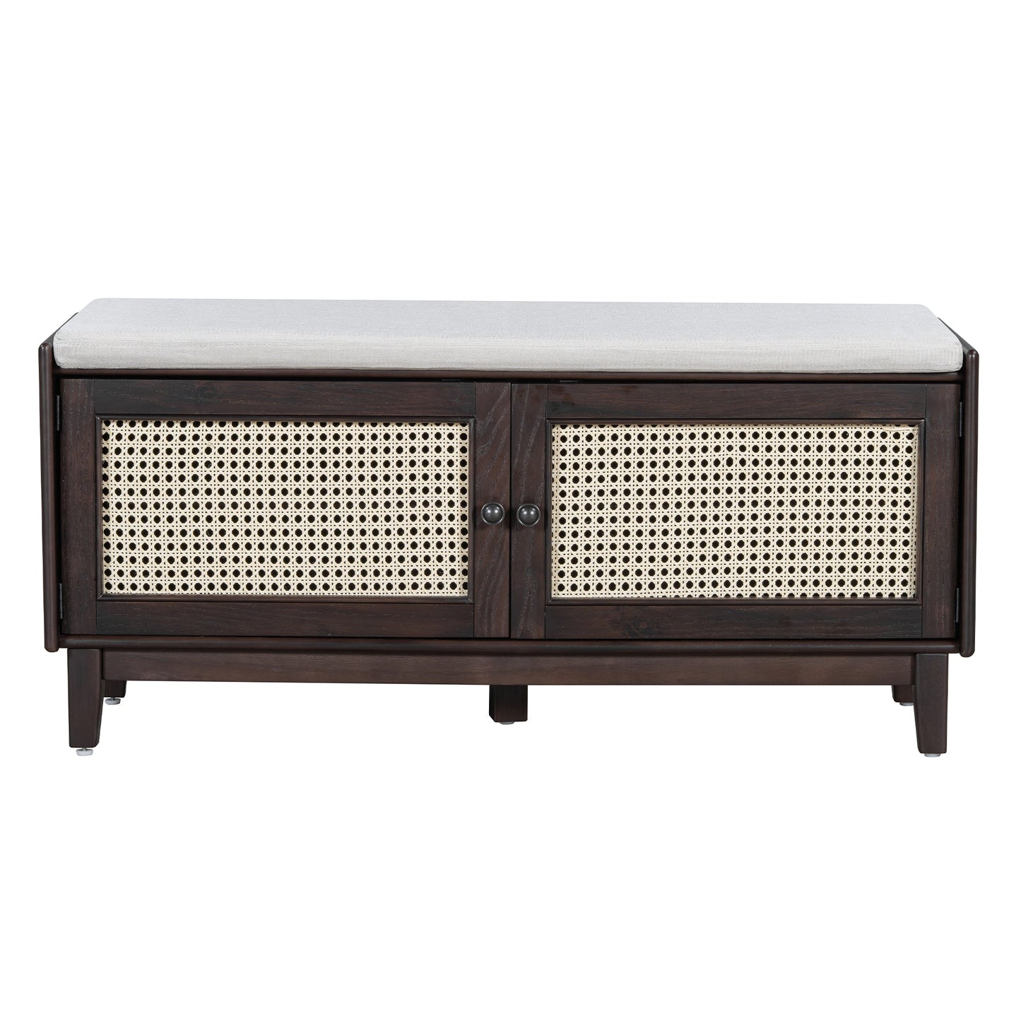 TREXM Boho Rattan Entryway Bench with Storage, Cushioned Shoe Bench with Double Doors, Wooden Shoe Organizer Bench for Entryway and Hallway (Espresso+Beige ) - 1st Choice Furniture Direct