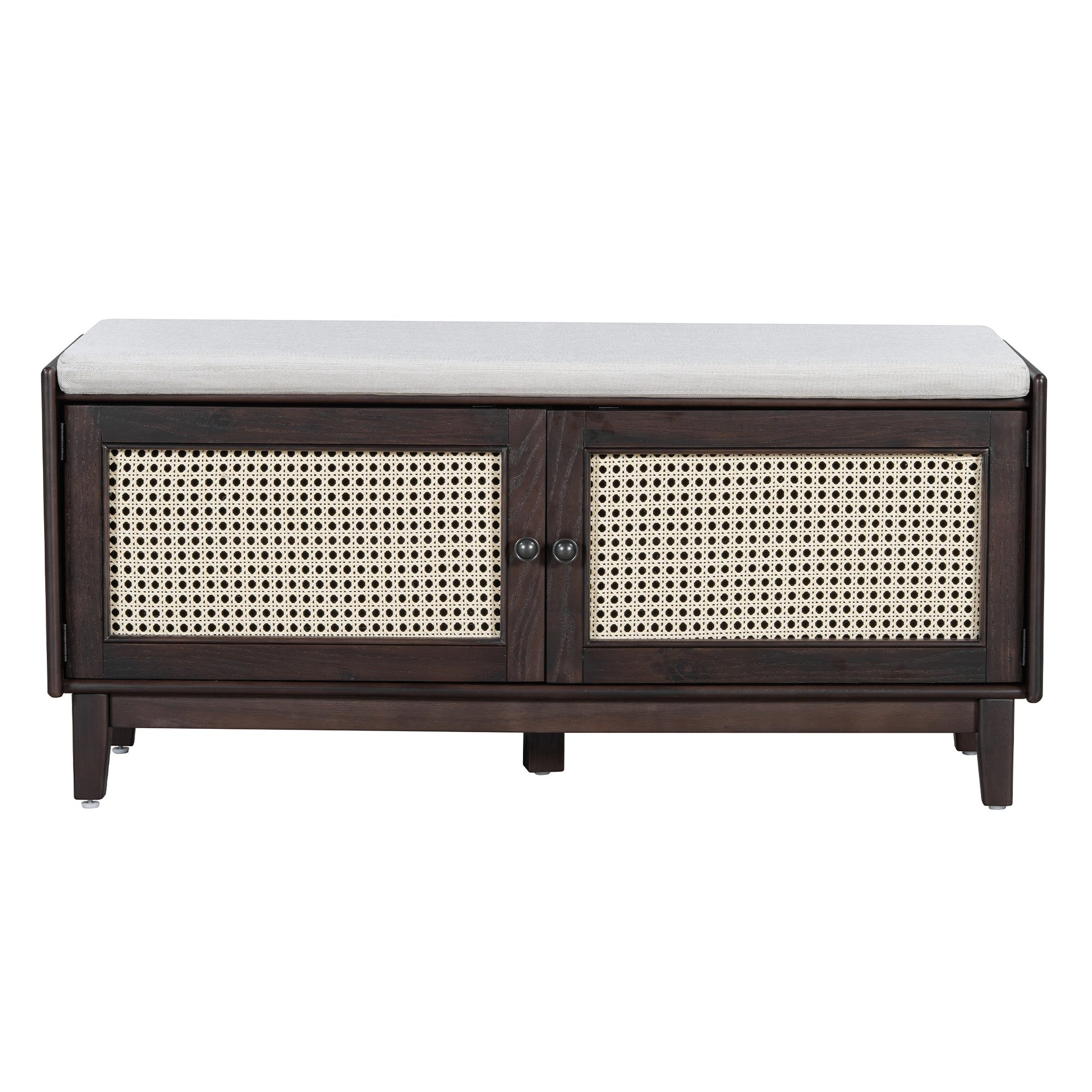 TREXM Boho Rattan Entryway Bench with Storage, Cushioned Shoe Bench with Double Doors, Wooden Shoe Organizer Bench for Entryway and Hallway (Espresso+Beige ) - 1st Choice Furniture Direct